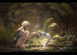  animal arm_wrap bare_legs bare_shoulders barefoot blonde_hair blue_dress braid circlet commentary dappled_sunlight day dragon dress elf english_commentary feeding female forehead_jewel frog from_side grass hand_on_own_knee highres holding holding_animal hugging_own_legs letterboxed long_hair looking_at_animal minami_cha mini_dragon moss nature open_mouth original outdoors outstretched_arm pointy_ears pond profile rock sash short_dress sleeveless sleeveless_dress squatting sunlight tree water 