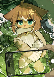  1boy 1other ahoge animal_ears animal_hands animal_nose bell biting_own_tail blue_eyes brown_fur brown_hair cat_boy cat_ears cat_tail cellphone chinese_commentary colored_tips commentary_request cowboy_shot daidaimiao furry furry_male hair_between_eyes highres holding holding_own_tail holding_phone indie_virtual_youtuber jingle_bell kotoba_(1074421015) looking_at_viewer male_focus mouth_hold multicolored_hair naked_shirt neck_bell off_shoulder otoko_no_ko phone pov pov_hands shirt short_eyebrows short_hair short_sleeves smartphone tail taking_picture thick_eyebrows two-tone_fur virtual_youtuber wading white_fur white_hair white_shirt wringing_clothes 