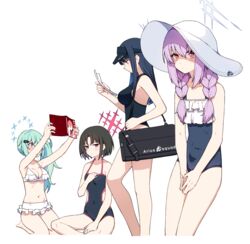  4girls arius_squad_(blue_archive) artpatient atsuko_(blue_archive) bare_arms bare_legs bare_shoulders barefoot bikini black_hair black_one-piece_swimsuit blue_archive blue_eyes blue_hair blue_halo blush book braid breasts cleavage closed_mouth colored_inner_hair english_commentary flat_chest frilled_bikini frilled_one-piece_swimsuit frills green_hair green_halo hair_between_eyes halo hat hiyori_(blue_archive) holding holding_book holding_paper large_breasts long_hair medium_breasts misaki_(blue_archive) multicolored_hair multiple_girls navel one-piece_swimsuit open_book paper pink_hair red_eyes red_halo saori_(blue_archive) short_hair side_ponytail simple_background small_breasts swimsuit twin_braids white_background white_bikini white_headwear 