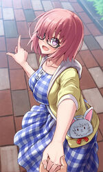  1boy asymmetrical_bangs bag blue_dress breasts casual character_bag commentary dress fate/grand_order fate_(series) female fou_(fate) gingham_dress glasses hair_over_one_eye handbag highres hood hooded_jacket jacket large_breasts mash_kyrielight mash_kyrielight_(senpai_killer_outfit) official_alternate_costume open_mouth outdoors park pink_hair pointing pov pov_hands purple_eyes short_hair silent_sakia sleeves_past_elbows smile solo_focus yellow_jacket 