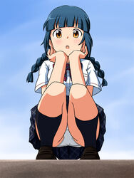  :o black_footwear black_socks blue_hair blue_skirt blue_sky bow bowtie braid brown_eyes cloud cloudy_sky commentary crotch_seam day dress_shirt female head_rest idolmaster idolmaster_million_live! kitakami_reika lielos loafers long_hair looking_at_viewer low_twin_braids low_twintails miniskirt open_mouth outdoors panties pantyshot plaid plaid_skirt pleated_skirt red_bow red_bowtie school_uniform shirt shoes short_sleeves skirt sky socks solo squatting twin_braids twintails underwear white_panties white_shirt 