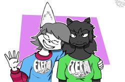  anthro big_ears blue_clothing blue_shirt blue_topwear canid canine canis clothing duo eyewear fangs female fur gesture glasses green_clothing green_shirt green_topwear grey_body grey_fur hi_res humanoid looking_at_viewer mammal missy_(napalm_express) monster morgan_mco&#039;nielson shirt signature simple_background smile sweater teeth topwear unknown_artist white_body white_fur wolf wolficus 