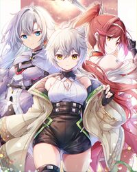  3girls a_(xenoblade) androgynous animal_ears black_gloves black_shorts blue_eyes bodysuit breasts cape chest_jewel closed_mouth commentary_request core_crystal_(xenoblade) earrings expressionless fingerless_gloves glimmer_(xenoblade) gloves grey_bodysuit grey_cape grey_hair grey_jacket hair_between_eyes high-waist_shorts highres jacket japanese_clothes jewelry kimono long_hair looking_at_viewer medium_breasts multiple_girls na&#039;el_(xenoblade) off_shoulder orange_eyes ponytail red_hair shirt short_hair shorts shoulder_tattoo single_earring smile tattoo thighs ui_frara very_long_hair white_kimono white_shirt xenoblade_chronicles_(series) xenoblade_chronicles_3 xenoblade_chronicles_3:_future_redeemed yellow_eyes 