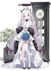  absurdres alternate_costume black_halo black_horns blue_archive blue_flower blue_rose bouquet clock closed_mouth dress female flower full_body halo highres hina_(blue_archive) holding holding_bouquet horns leviathan_(hikinito0902) long_hair looking_at_viewer rose single_thighhigh smile solo standing thighhighs white_dress white_hair white_thighhighs 