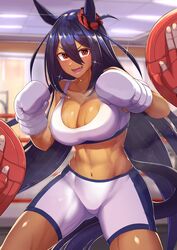  animal_ears bare_shoulders bike_shorts blue_hair blurry blurry_background boxing_gloves breasts ceiling_light cleavage clenched_hands commission cowboy_shot dark-skinned_female dark_skin female highres hishi_amazon_(umamusume) horse_ears horse_girl horse_tail indoors large_breasts long_hair looking_at_viewer midriff navel oerba_yun_fang open_mouth pov punch_mitts red_eyes same_kujira_(challenger_310) shorts skeb_commission smile solo sparkle sports_bra standing sweat tail toned umamusume v-shaped_eyebrows white_shorts white_sports_bra 