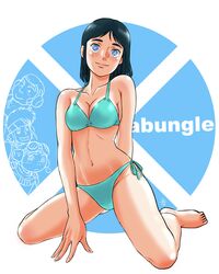  3boys absurdres aobito_sukoyaka_bystander barefoot bikini black_hair blue_background blue_bikini blue_eyes breasts burume copyright_name dyke_(xabungle) female freckles highres jiron_amos kneeling looking_at_viewer maria_maria medium_breasts medium_hair multiple_boys navel sentou_mecha_xabungle side-tie_bikini_bottom smile swimsuit white_background 