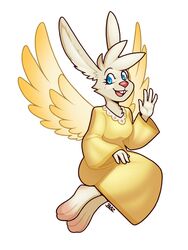  2023 3:4 3_toes 4_fingers angel angel_gabby angel_hare angel_hare_(the_east_patch) anthro barefoot blazbaros blue_eyes blush body_blush buckteeth chest_tuft clothing dress eyebrows eyelashes feathered_wings feathers feet female fingers foot_blush freckles fur hare head_tuft hi_res hindpaw humanoid_hands lagomorph leporid looking_at_viewer mammal open_mouth open_smile paws pink_nose pink_toes rabbit simple_background smile smiling_at_viewer solo teeth the_east_patch toes tuft white_background white_body white_fur wings yellow_clothing yellow_dress 