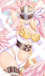  absurdres angel angel_wings angewomon armor armpits arms_up asymmetrical_clothes bare_shoulders belt bikini_armor blonde_hair bodysuit breasts cleavage clothing_cutout commentary covered_eyes cowboy_shot digimoji digimon digimon_(creature) elbow_gloves feathers female gloves hagoromo helmet helmet_over_eyes highres long_hair medium_breasts multiple_wings navel o-ring o-ring_belt parted_lips shawl shingetsu_(doru0222) skindentation smile solo stomach stomach_cutout thigh_strap white_bodysuit winged_helmet wings zipper 