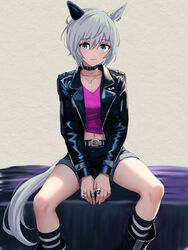  animal_ears aqua_eyes belt belt_collar black_belt black_choker black_footwear black_jacket black_shorts black_socks blush breasts choker collar commentary_request ear_covers ear_piercing female grey_hair hair_between_eyes highres horse_ears horse_girl horse_tail jacket jewelry leather leather_jacket long_sleeves looking_at_viewer midriff multiple_rings navel necklace open_clothes open_jacket piercing pink_shirt ring seiun_sky_(umamusume) shirt shorts simple_background single_ear_cover sitting small_breasts smile socks solo spread_legs tail umamusume white_background zenbrush2 