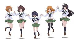  5girls ahoge akiyama_yukari black_eyes black_hair black_socks black_thighhighs blunt_bangs blush brown_eyes brown_footwear brown_hair closed_mouth girls_und_panzer green_skirt hairband hazuki_haru highres holding_hands isuzu_hana loafers long_sleeves looking_at_another messy_hair multiple_girls navel nishizumi_miho ooarai_school_uniform open_mouth pleated_skirt reizei_mako school_uniform shirt shoes short_hair simple_background skirt smile socks takebe_saori thighhighs white_background white_hairband white_shirt 