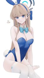  animal_ears arm_support bare_shoulders between_legs blonde_hair blue_archive blue_bow blue_bowtie blue_eyes blue_hair blue_halo blue_leotard blunt_bangs bow bowtie braid breasts cleavage closed_mouth commentary covered_navel detached_collar earrings expressionless fake_animal_ears fake_tail feet_out_of_frame female hair_intakes hairbow half_up_braid halo hand_between_legs headset highleg highleg_leotard highres invisible_chair jewelry kashiko_(kshiko1) large_breasts leotard long_hair looking_at_viewer multicolored_hair official_alternate_costume official_alternate_hairstyle playboy_bunny rabbit_ears rabbit_tail simple_background sitting solo strapless strapless_leotard streaked_hair stud_earrings tail thighhighs toki_(blue_archive) toki_(bunny)_(blue_archive) white_background white_thighhighs white_wrist_cuffs wrist_cuffs 