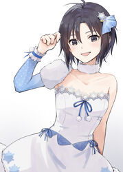  :d adjusting_hair antenna_hair arm_at_side artist_name black_hair blue_bow blue_ribbon blue_sleeves blush bow breasts brown_eyes choker commentary cowboy_shot detached_sleeves dress dress_bow female fur-trimmed_dress fur-trimmed_sleeves fur_choker fur_trim hair_ornament idolmaster idolmaster_(classic) kikuchi_makoto lace-trimmed_dress lace_trim leaning_to_the_side looking_at_viewer mogskg open_mouth polka_dot_sleeves ribbon short_hair signature simple_background single_bare_shoulder single_detached_sleeve small_breasts smile snowflake_hair_ornament snowflake_print solo standing twitter_username white_background white_choker white_dress wrist_cuffs 