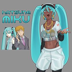  1boy ai-generated_art_(topic) alternate_skin_color aqua_eyes aqua_hair aqua_nails breasts character_name character_print commentary cropped_shirt dark-skinned_female dark_skin detached_sleeves detroit_miku earrings english_commentary female grey_background hat hatsune_miku highres hoop_earrings jewelry large_breasts light-skinned_palms lip_piercing long_hair looking_at_viewer midriff mob_psycho_100 navel_piercing necklace necktie nicuoi open_mouth piercing print_shirt reigen_arataka ring self_character_print shirt short_sleeves shorts simple_background standing twintails very_dark_skin very_long_hair vocaloid white_shorts 