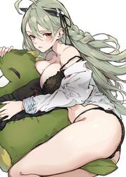  ahoge ahomushi994 animal_bag black_bra black_panties blush bra braid breasts female girls&#039;_frontline green_hair hair_between_eyes large_breasts long_hair ltlx_7000_(girls&#039;_frontline) mole mole_on_breast mole_on_neck open_clothes open_shirt orange_eyes panties shirt solo underwear white_background white_shirt 