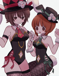  2girls black_headwear black_leotard black_pantyhose black_thighhighs boko_(girls_und_panzer) breasts brown_eyes brown_hair card closed_mouth clothing_cutout fishnet_pantyhose fishnet_thighhighs fishnets girls_und_panzer holding holding_card leotard medium_breasts multiple_girls navel_cutout nishizumi_maho nishizumi_miho pantyhose ri_(qrcode) short_hair siblings sisters thighhighs wrist_cuffs 