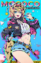  absurdres adapted_costume animal_ear_fluff animal_ears bandaid bandaid_hair_ornament black_collar black_jacket blonde_hair blue_eyes blue_nails blue_shorts breasts character_name collar cropped_jacket cropped_shirt defaultz dog_ears dog_girl dog_tail female fuwawa_abyssgard hair_ornament headphones headphones_around_neck highres hololive hololive_english jacket jewelry looking_at_viewer mococo_abyssgard mococo_abyssgard_(1st_costume) multicolored_hair multicolored_nails navel open_mouth pink_hair pink_nails pooh ring shirt shorts small_breasts smile solo spiked_collar spikes streaked_hair tail two_side_up virtual_youtuber white_shirt x_hair_ornament yellow_nails 