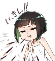  allmind_(armored_core_6) armored_core armored_core_6 bare_arms bare_shoulders black_hair blush camisole chibi closed_eyes facing_viewer female food green_hair hands_up highres i.u.y multicolored_hair open_mouth personification pocky simple_background solo translation_request two-tone_hair wavy_mouth white_background white_camisole 