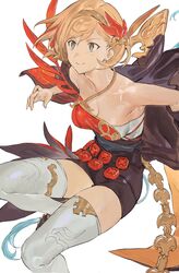  bare_shoulders blonde_hair breasts brown_eyes brown_shorts cleavage closed_mouth commentary_request detached_sleeves djeeta_(granblue_fantasy) female firedancer&#039;s_roseplume_(granblue_fantasy) gloves granblue_fantasy hair_ornament hairband hashibiro_kou_(garapiko_p) highres partial_commentary shirt shoes short_hair short_shorts shorts simple_background single_detached_sleeve single_glove small_breasts smile solo strapless strapless_shirt thighhighs white_background white_thighhighs 