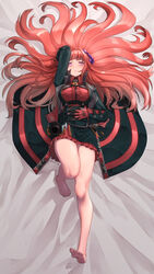  arknights bagpipe_(arknights) bagpipe_(royal_guardswoman)_(arknights) bare_legs barefoot bed_sheet black_coat black_skirt blush breasts coat collared_shirt commentary_request dragon_girl dragon_horns feet female full_body gloves hair_spread_out hand_on_own_stomach hand_up highres horns knee_up large_breasts legs long_hair looking_at_viewer looking_up lying multicolored_coat on_back on_bed parted_lips purple_eyes red_coat red_gloves red_hair red_shirt red_skirt shirt signature skirt soles solo toes two-tone_coat yamauchi_(conan-comy) 