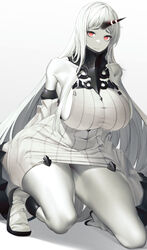  absurdres abyssal_ship albino bad_anatomy bare_shoulders black_horns breasts closed_mouth colored_skin detached_sleeves female full_body highres horns kantai_collection large_breasts long_hair mokuren_(mozukukirai88) red_eyes seaport_princess shoes sideboob simple_background single_horn solo very_long_hair white_background white_footwear white_hair white_skin 