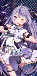  ahoge blush braid braided_bangs dress earpiece female gloves grey_hair heart heart_hands highres hololive hololive_idol_uniform la+_darknesss long_hair looking_at_viewer multicolored_hair official_alternate_costume one_eye_closed pointy_ears purple_thighhighs sawamaru_0528 single_braid single_thighhigh skirt smile solo streaked_hair teeth thighhighs upper_teeth_only very_long_hair vest virtual_youtuber white_dress white_gloves white_skirt white_vest yellow_eyes 