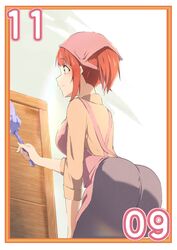  absurdres aged_up alternate_hairstyle apron ass breasts cleaning closed_eyes commentary dated duster dusting female from_below hand_on_own_knee highres holding holding_duster housewife indoors leaning_forward love_live! love_live!_nijigasaki_high_school_idol_club medium_breasts medium_hair november orange_hair short_ponytail smile solo tenugui uehara_ayumu white_background wood yellow_eyes zasshoku_ojisan 