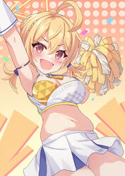  :d ahoge blonde_hair blue_archive breasts cheerleader cleavage female highres holding holding_pom_poms itaba_atsushi kotori_(blue_archive) kotori_(cheer_squad)_(blue_archive) looking_at_viewer medium_breasts midriff millennium_cheerleader_outfit_(blue_archive) navel official_alternate_costume open_mouth plump pom_pom_(cheerleading) red_eyes short_hair skirt smile solo thighs 