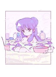  absurdres animal bath bird bottle breasts completely_nude convenient_censoring dated double_bun duck en_0410 female floating floating_hair hair_bun highres long_hair nude purple_hair ranma_1/2 shampoo_(ranma_1/2) shampoo_bottle soap twitter_username water 