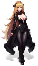  alternate_breast_size black_pants black_shirt blonde_hair breasts closed_mouth coat crossed_legs cynthia_(pokemon) female full_body fur-trimmed_coat fur_collar fur_trim grey_eyes hair_ornament hair_over_one_eye highres large_breasts long_hair pants pokemon pokemon_dppt shadow shirt smile solo taut_clothes very_long_hair volyz watson_cross 