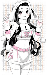  animal_ears belt black_hair bra breasts crop_top female gloves greyscale kamado_nezuko kanekiyo_miwa kimetsu_no_yaiba long_hair medium_breasts midriff monochrome navel pink_belt pink_eyes rabbit_ears shorts solo stomach thighhighs underwear 