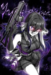  abstract_background angry bare_shoulders belt blue_eyes blue_hair breasts character_name clenched_teeth collared_dress commentary commission cowboy_shot dress earrings ebiblue female gesugao glasses gloves gun hair_ribbon highres holding holding_gun holding_weapon indie_virtual_youtuber jewelry large_breasts long_hair looking_at_viewer multicolored_hair plaid ribbon short_dress single_bare_arm single_glove skeb_commission solo streaked_hair teeth trigger_discipline virtual_youtuber weapon yumi_lovelace 