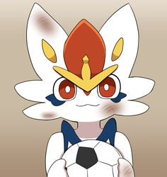  ambiguous_gender anthro ball blue_body cinderace dirty fur generation_8_pokemon holding_soccer_ball multicolored_body multicolored_fur nintendo pokemon pokemon_(species) pupils red_eyes soccer_ball solo sum white_body white_ears white_fur white_pupils yellow_inner_ear 