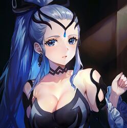  absurdres bare_shoulders black_choker black_dress blue_eyes breasts choker circlet cleavage dress earrings eir_(fire_emblem) female fire_emblem fire_emblem_heroes grey_hair highres jewelry jurge large_breasts pale_skin solo 