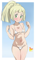  artist_name bikini blonde_hair blue_background blush border braid clenched_hands closed_mouth collarbone commentary cowboy_shot eyelashes female green_eyes hands_up highres lillie_(pokemon) long_hair metaminegl micro_bikini navel pokemon pokemon_sm ponytail ponytail_with_braided_base shiny_skin smile solo spanish_commentary swimsuit white_bikini white_border 