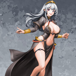  breasts cleavage dress female floating_hair grey_dress grey_hair halter_dress halterneck highres long_hair midriff minamoto80486 navel no_panties o-ring o-ring_thigh_strap open_mouth pointy_ears purple_eyes ringed_eyes skindentation smile solo teeth thigh_strap tiara upper_teeth_only wizardry 