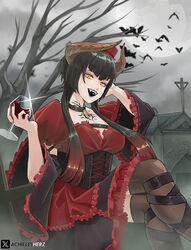  achillesherz alcohol artist_name bat_(animal) black_hair breasts cleavage commentary cross crossed_legs cup demon_horns dress drinking_glass eliza_(tekken) english_commentary female full_moon hat highres horns lipstick long_hair looking_at_viewer makeup moon pale_skin purple_lips red_wine solo tekken tekken_7 tekken_8 too_many too_many_bats vampire wine wine_glass yellow_eyes 