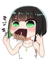  allmind_(armored_core_6) armored_core armored_core_6 bare_arms bare_shoulders black_hair blush camisole chibi female food food_in_mouth green_eyes green_hair hands_up highres i.u.y mouth_hold multicolored_hair personification pocky simple_background solo too_many translation_request two-tone_hair v-shaped_eyebrows white_background white_camisole 