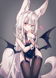  absurdres animal_ear_fluff animal_ears arm_behind_back black_leotard black_necktie black_thighhighs breasts cleavage demon_girl demon_wings detached_hair female fox_ears fox_girl fox_tail garter_straps grey_background groin heart highres leaning_forward leotard long_hair miyu_(miy_u1308) necktie original red_eyes simple_background solo strapless strapless_leotard tail thigh_gap thighhighs thighs very_long_hair white_hair wings wrist_cuffs 