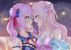  2girls aerial_fireworks arm_at_side arms_at_sides assault_lily asymmetrical_docking bare_shoulders bikini blue_bikini blue_bow blue_jacket blue_sailor_collar blurry blurry_background blush bow breast_press breasts cleavage collarbone commentary_request cross-laced_bikini cross-laced_clothes detached_sleeves double_bun eye_contact face-to-face fireworks floral_print frilled_bikini frills from_side hair_bun hairbow half-closed_eyes halterneck hand_on_another&#039;s_cheek hand_on_another&#039;s_face hand_up highres imai_tomohiro jacket large_breasts long_hair looking_at_another medium_hair multi-strapped_bikini_top multicolored_bow multiple_girls neck_ribbon night off_shoulder official_alternate_costume open_clothes open_jacket outdoors parted_lips pink_bikini pink_bow pink_hair print_bikini profile red_bow red_ribbon ribbon sadamori_himeka sailor_collar see-through see-through_sleeves smile swimsuit tanba_akari twintails upper_body white_bow yuri 