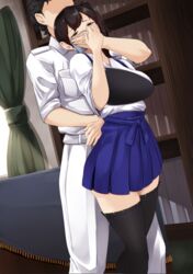  1boy admiral_(kancolle) black_thighhighs blue_skirt breasts chloroform covering_another&#039;s_mouth dutch_angle female gagged hand_gagged hand_over_another&#039;s_mouth imminent_rape indoors kaga_(kancolle) kantai_collection looking_at_viewer pleated_skirt side_ponytail skirt tadokoro_nurikabe thighhighs 