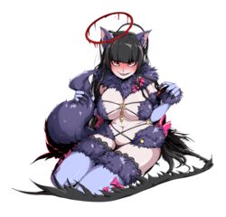  absurdres ahoge animal_ear_fluff animal_ears bikini black_hair black_wings blood blue_archive blunt_bangs blush breasts claws cleavage commentary_request cosplay crazy_eyes crazy_smile curvy elbow_gloves fake_animal_ears female fingernails full-face_blush full_body fur-trimmed_gloves fur-trimmed_thighhighs fur_bikini fur_collar fur_trim gloves halo highres holding_own_tail korean_commentary lace-trimmed_thighhighs large_breasts long_fingernails looking_at_viewer low_wings mash_kyrielight mash_kyrielight_(cosplay) mash_kyrielight_(dangerous_beast) mash_kyrielight_(dangerous_beast)_(cosplay) melting_halo messy_hair navel pale_skin plump purple_bikini purple_gloves purple_thighhighs red_eyes red_halo revealing_clothes ryuki_(red_dolphinman) seiza sharp_fingernails sharp_teeth simple_background sitting smile solo sweat swimsuit tail teeth thighhighs tsurugi_(blue_archive) very_sweaty wavy_mouth white_background wings wolf_ears 