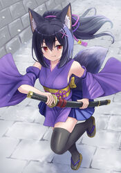  absurdres animal_ear_fluff animal_ears bare_shoulders black_thighhighs breasts brown_eyes brown_footwear closed_mouth commentary_request detached_sleeves fang_out female full_body hair_between_eyes hair_ornament hairclip highres holding holding_sheath holding_sword holding_weapon iroha_(iroha_matsurika) japanese_clothes katana kimono kunoichi-chan_(iroha_(iroha_matsurika)) long_sleeves looking_at_viewer ninja obi oerba_yun_fang original outdoors ponytail purple_kimono purple_sleeves running sandals sash sheath sheathed sidelocks small_breasts smile snowing solo sword tail thighhighs weapon wide_sleeves wolf_ears wolf_girl wolf_tail x_hair_ornament zouri 