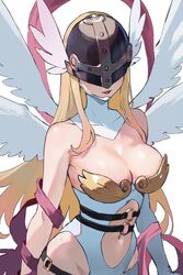  angel angel_wings angewomon bare_shoulders belt black_belt blonde_hair breasts cleavage closed_mouth clothing_cutout commentary covered_eyes detached_collar digimon digimon_(creature) english_commentary female helmet helmet_over_eyes highres large_breasts leotard lips lipstick looking_at_viewer makeup metal_bra multiple_wings navel red_lips simple_background smile solo stomach stomach_cutout strapless strapless_leotard white_background white_leotard white_wings winged_helmet wings y_uunaa 