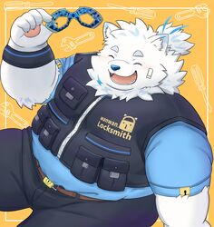  2023 absurd_res anthro belly big_belly blush bottomwear canid canine canis closed_eyes clothing domestic_dog fur hi_res kemono lifewonders live_a_hero male mammal overweight overweight_male pants shirt solo timaki_z topwear white_body white_fur yohack 