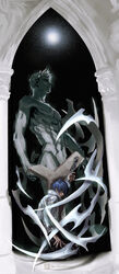  1boy aidonotknow aqua_sclera arm_at_side arm_up black_pants bleeding blood blue_hair bound chains claws colored_sclera commentary completely_nude cuffs from_side glowing highres injury jacket kneeling legato_bluesummers looking_at_viewer looking_to_the_side male_focus millions_knives night night_sky nude on_ground pants pillar red_eyes restrained short_hair sky solo statue trigun twitter_username weapon white_jacket 