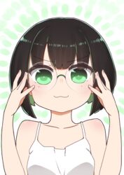  :3 allmind_(armored_core_6) armored_core armored_core_6 bare_arms bare_shoulders black_hair blush camisole closed_mouth collarbone female glasses green_eyes green_hair hands_up highres i.u.y looking_at_viewer mole mole_under_eye multicolored_hair personification round_eyewear smile solo two-tone_hair upper_body white_camisole 