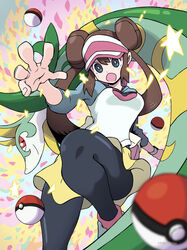  absurdres aruke_(gter7727) black_pantyhose blue_eyes breasts brown_hair double_bun female hair_bun highres open_mouth pantyhose pantyhose_under_shorts poke_ball poke_ball_(basic) pokemon pokemon_bw2 raglan_sleeves red_eyes rosa_(pokemon) serperior shorts star_(symbol) visor_cap xtransceiver 