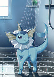  2023 3_toes action_pose ambiguous_gender bathing bathroom blue_body blue_feet blue_tail blue_wall digital_media_(artwork) digitigrade droplets eeveelution feet feral fin floor frill_(anatomy) generation_1_pokemon glistening glistening_body happy hi_res kaminokefusa kemono light light_beam looking_at_viewer motes nintendo one_eye_closed pokemon pokemon_(species) pose purple_eyes quadruped reflection shower showering solo sunbeam sunlight tail tail_fin tan_body tile tile_floor toes two_tone_face vaporeon water wet wet_body window wink 