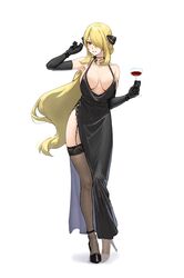  alternate_breast_size alternate_eye_color areola_slip athenawyrm black_dress black_garter_belt black_gloves blonde_hair breasts choker cowl_neck cup cynthia_(pokemon) dress drinking_glass elbow_gloves evening_gown female full_body garter_belt gloves gold_necklace grin hair_ornament high_heels highres holding holding_cup jewelry large_breasts legs long_hair looking_at_viewer necklace parted_lips plunging_neckline pokemon pokemon_dppt side_slit smile solo thighhighs very_long_hair wine_glass yellow_eyes 