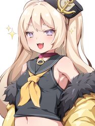  azur_lane bache_(azur_lane) black_sailor_collar blonde_hair commentary_request covered_nipples female fur-trimmed_jacket fur_trim hat jacket long_hair looking_at_viewer navel neckerchief oerba_yun_fang off_shoulder open_mouth purple_eyes sailor_collar school_uniform serafuku sleeveless solo tiger_rmn two_side_up 